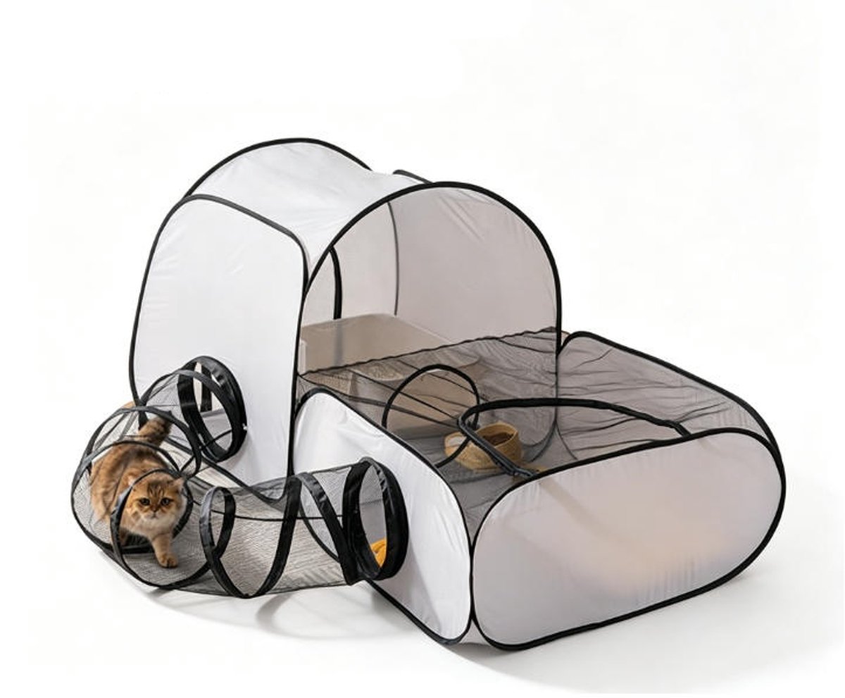 Dierenren met tunnel, kattenren voor binnen en buiten met zachte, ademende wanden, katten-speeltent voor kleine dieren, draagbare tent (groot).