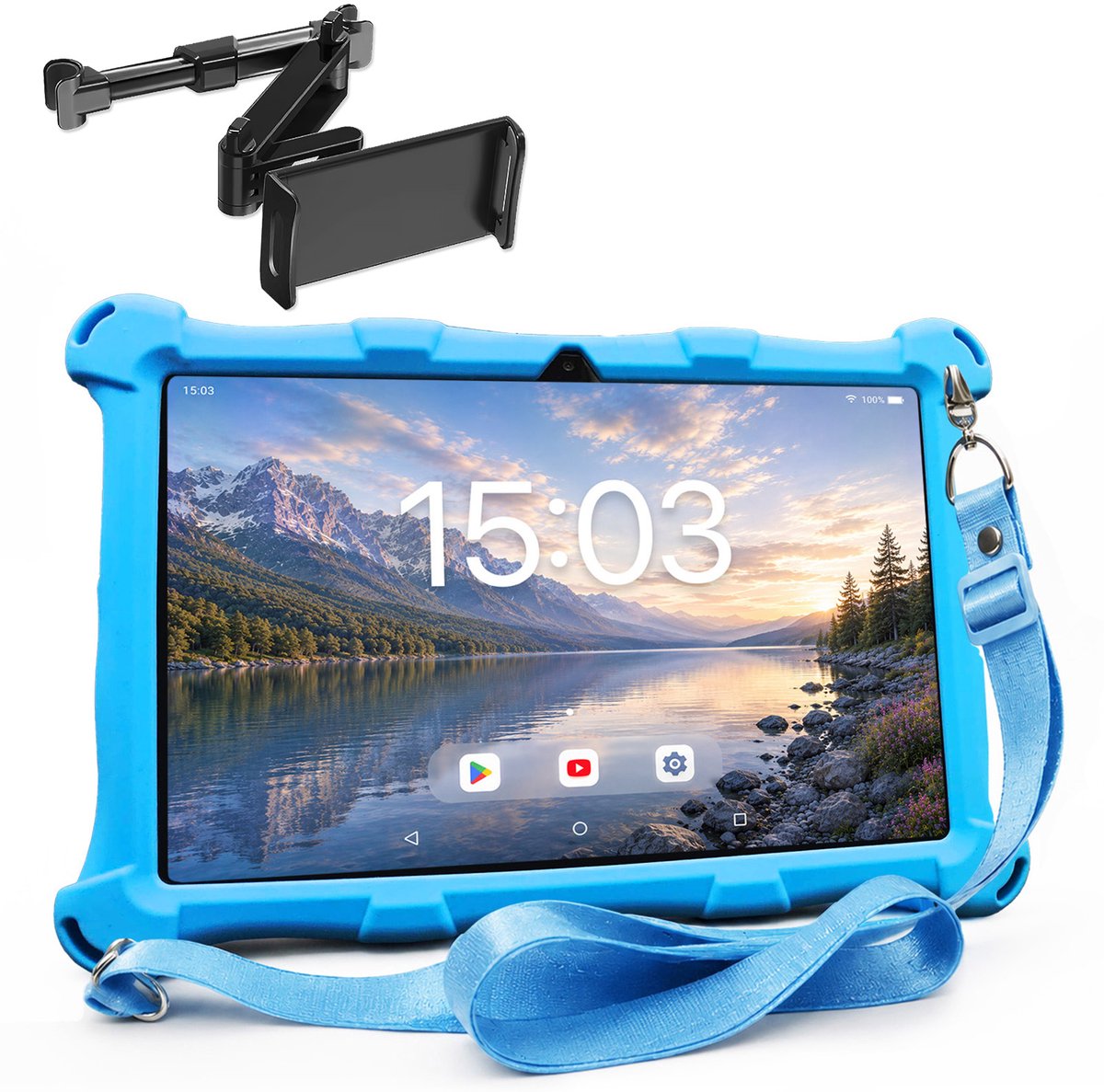 AngelTech OnderwegPakket XL – Kindertablet XL Blauw + Tablethouder - Kindertablet Vanaf 3 Jaar – Kinder Tablet – Kids Tablet - Tablet voor Kinderen