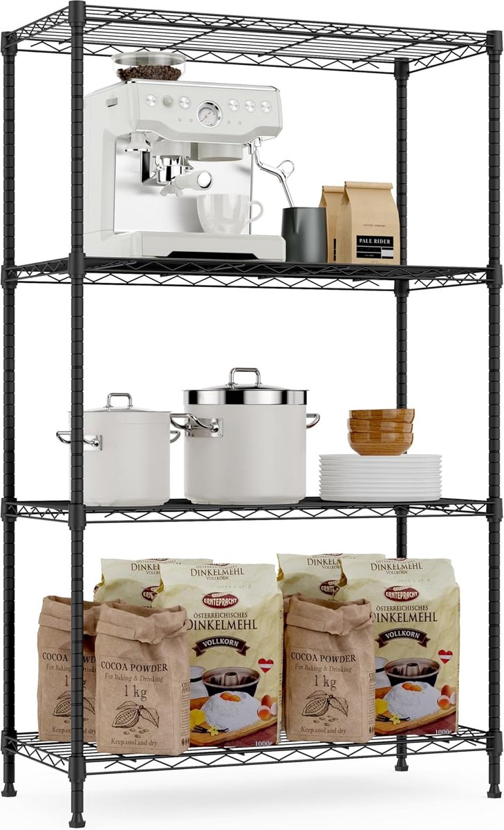SnelShoppen - Metalen Opbergrek met Verstelbare Planken, 4-Laags Stellingkast voor Keuken, Berging, Garage en Wasruimte, Vrijstaand Draadrek, 35x75x12