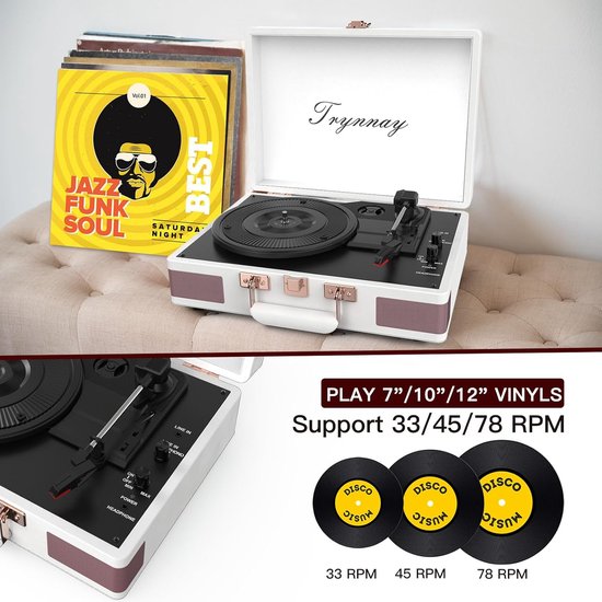 Platenspeler met Bluetooth – 3 Snelheden – Ingebouwde Speakers – Draagbare Koffer – Retro Wit — afbeelding 2