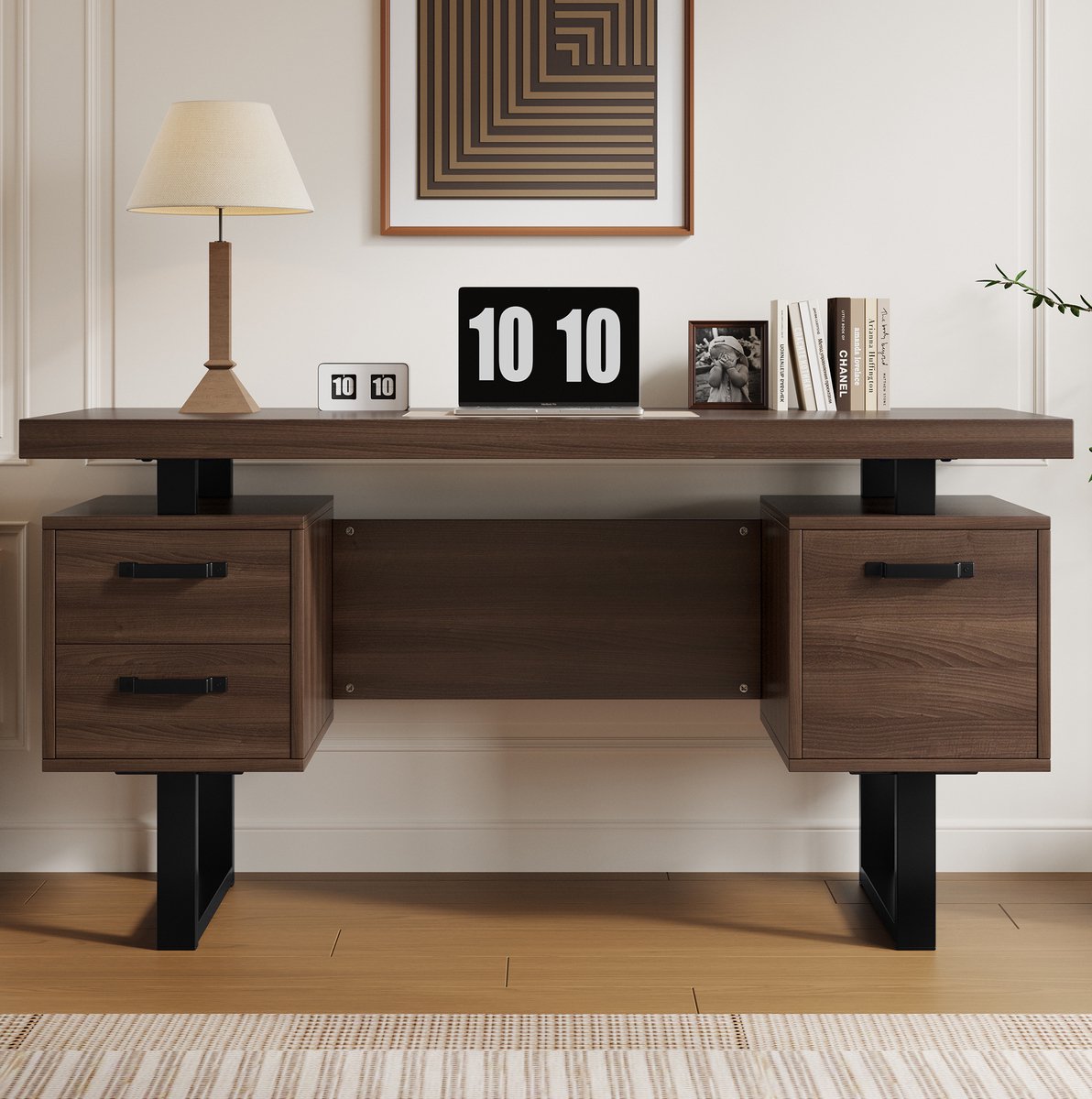 DESMIU Bureau - Ruim Werkblad Met 2 Geruisloze Lades En Dossieropslag - Voor Kantoor En Werkkamer - MDF En Metaal - 135x54x76 Cm - Bruin Zwart