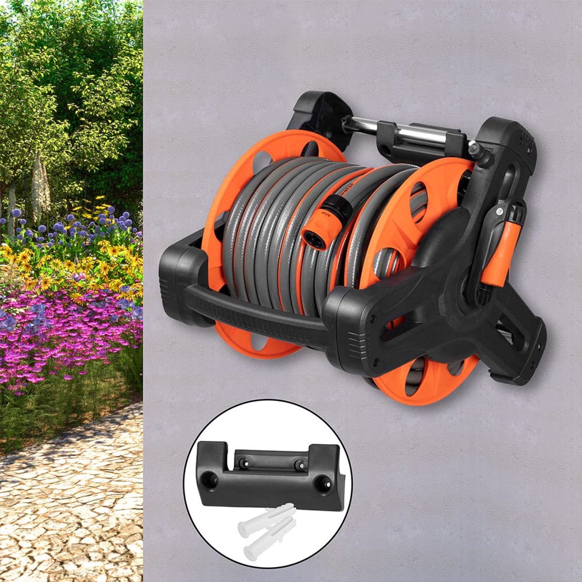 SnelShoppen - Slanghaspel met 30 m PVC Tuinslang, Wandmontage, Compact Formaat, 10 Functies Waterpistool, Verstelbare Tuinslanghouder voor Tuin en Cam