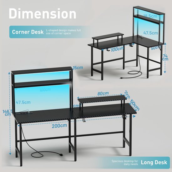 Gamingtafel Hoekbureau - Computertafel Werkstation - Ruimte Optimaliseren - Intelligente Ledverlichting - 150 x 100 cm - Zwart Koolstofvezel — afbeelding 2