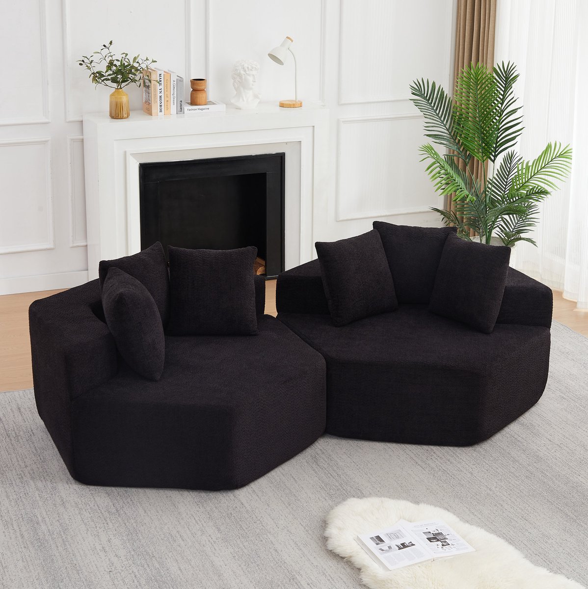 OKWISH Fauteuil - 1-Zits Modulair Hexagonaal Design - Met 3 Kussens Voor Woonkamer En Lounge - Chenille - Zwart
