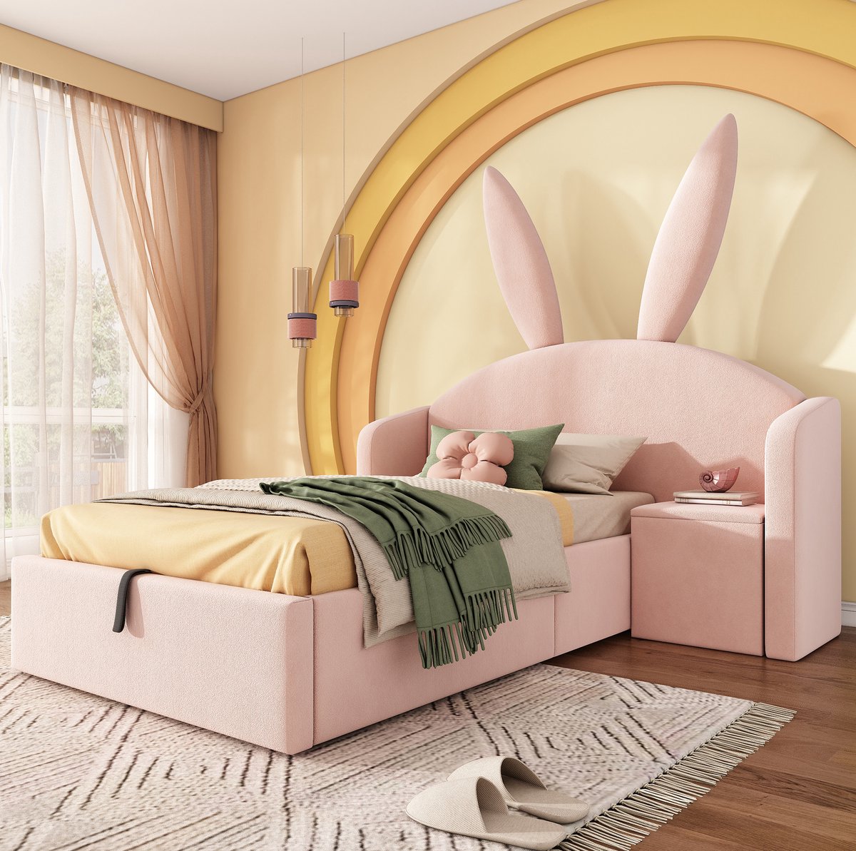 DESMIU Kinderbed 90x200 Cm Rosa - Polsterbed Met Haasoren - Met Opbergruimte En Nachtkastje - Met Lattenbodem - Zonder Matras Roze