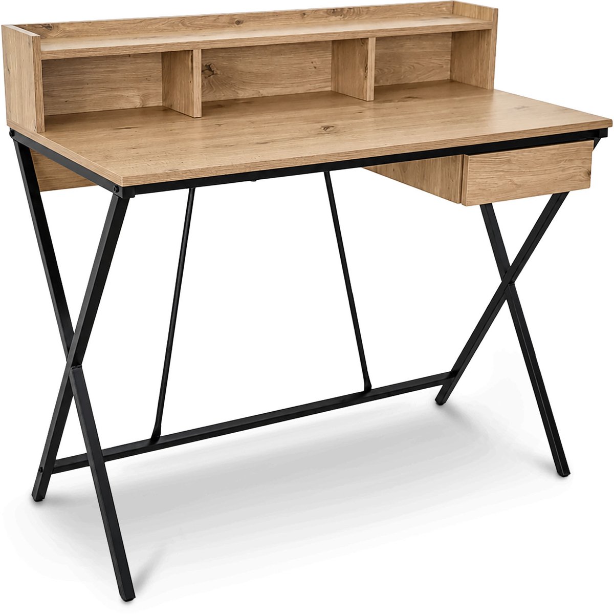 Computertafel Bureau FLEXO / Industrieel / Eiken Artisan / 100 cm / 1 Lade / 1 Plank / Zwarte Poten