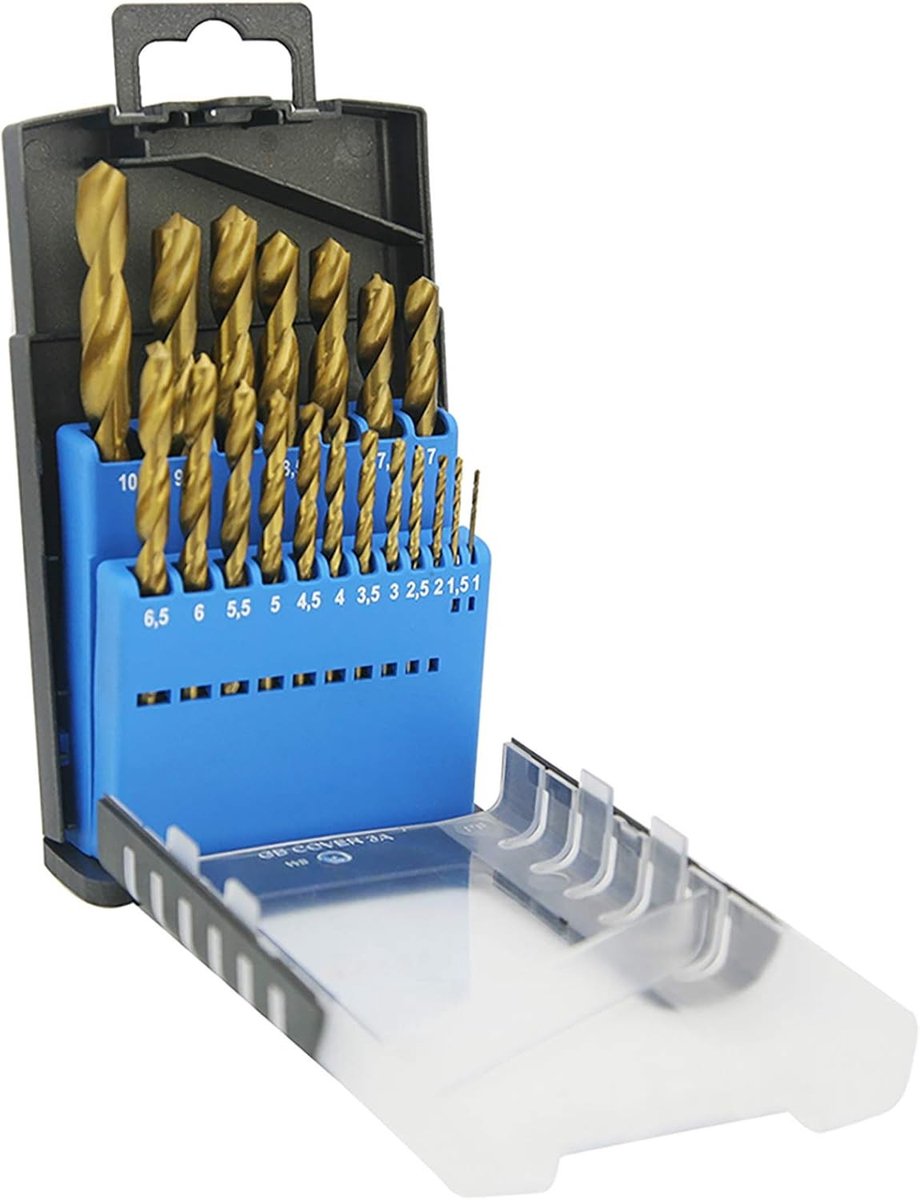 Set van 19 TiN-gecoate HSS Boorbits met Ronde Schacht en Plastic Opbergdoos 1.0-10 x 0.5mm voor Precisiewerk en Klusprojecten