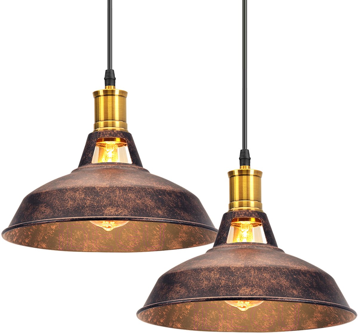 SnelShoppen - 2 Stuks Retro Hanglampen - Industriële Lampenkap in Ijzer - Diameter 27 cm - Vintage Hanglamp voor Keuken, Eetkamer, Woonkamer, Slaapkam