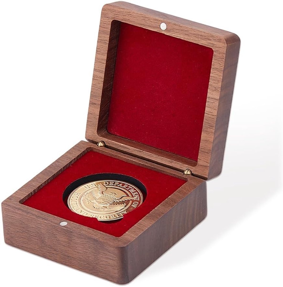 Enkele muntenopbergdoos van hout met rood fluweel, 2 stuks, voor uitdagingsmunten, munthouder met deksel, 4,5 cm, perfect voor verzameling en presentatie
