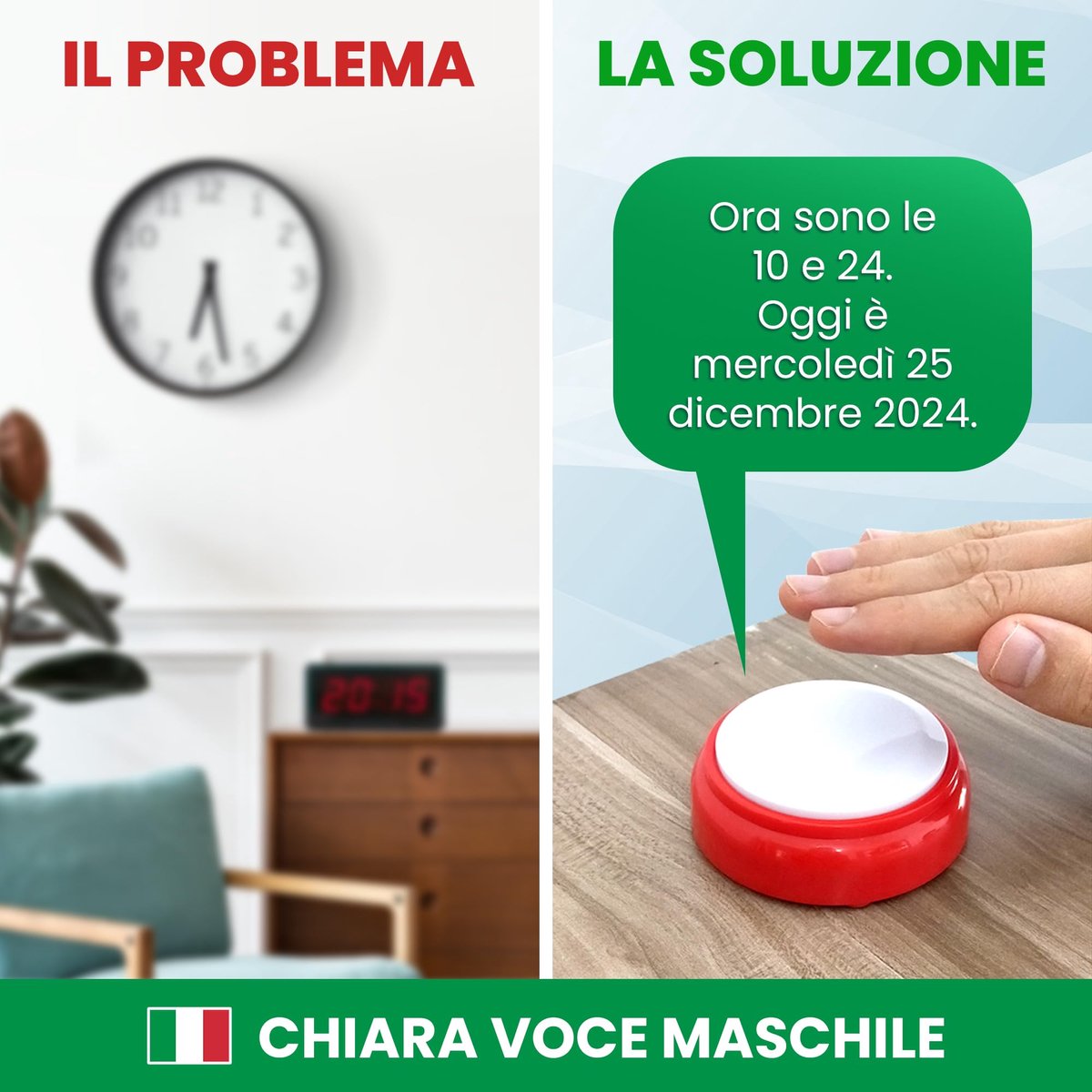 SnelShoppen - Pratende klok voor senioren met Italiaanse stem - Alzheimer, slechtzienden, blinden - Cadeau voor grootouders, ouders - Seniorenwekker m