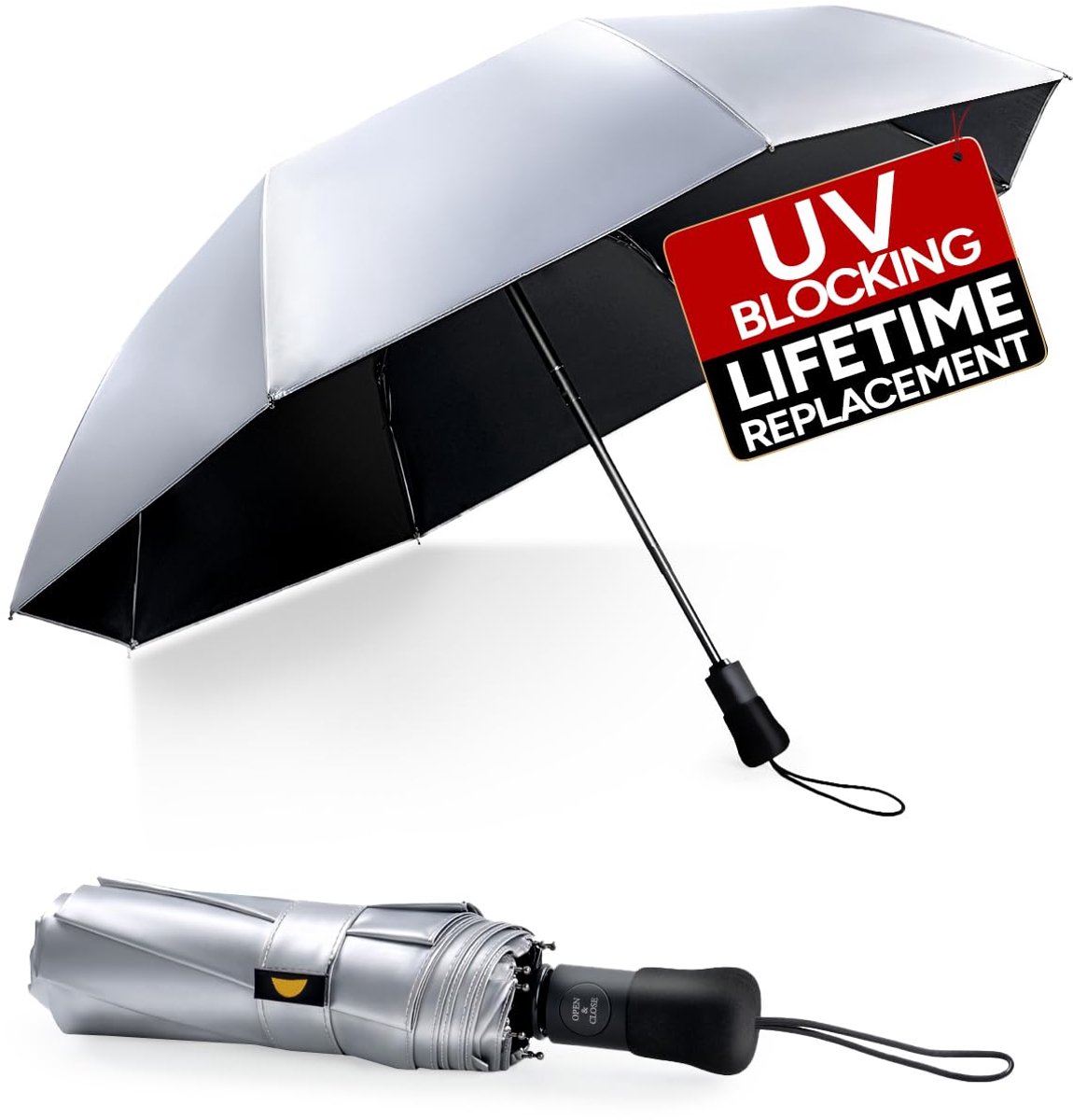 SnelShoppen - UPF 50+ Parasol - Compacte Zakparaplu met Stormbestendigheid - 106/116 cm - Zilver - Draagbare Opvouwbare Reisparaplu met Automatisch Op