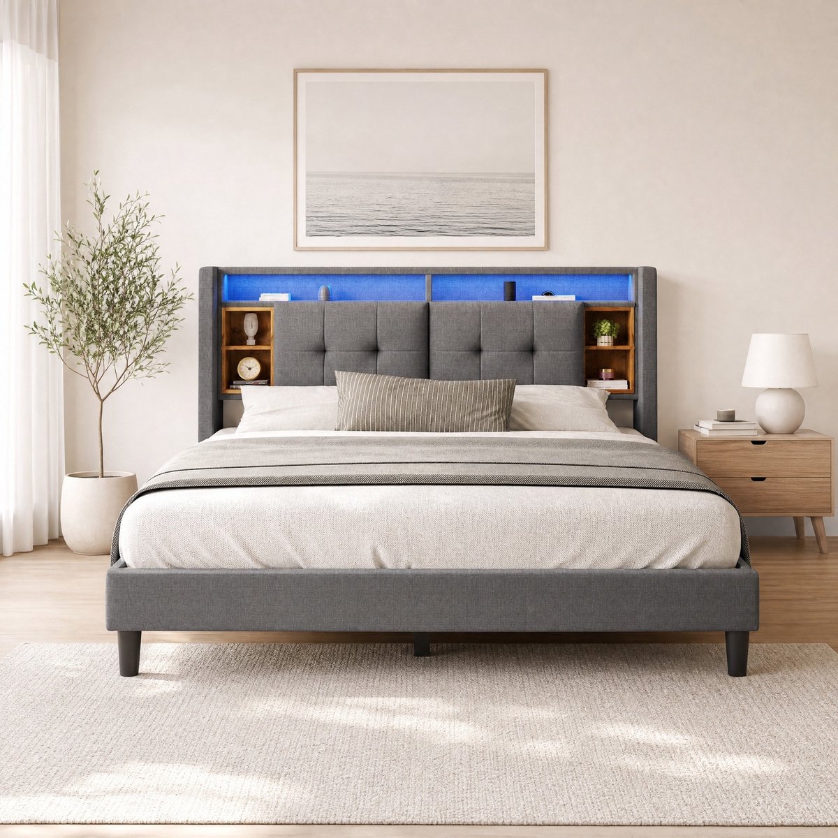 DESMIU Gestoffeerd Tweepersoonsbed 160x200 cm – Bed Met Opbergruimte En LED Verlichting – USB Aansluiting – Grijs – Zonder Matras