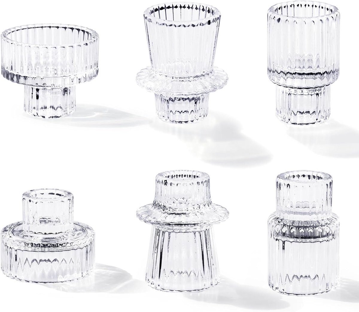 Glazen Kaarsenhouders Set van 6 met Pinstripe Patroon voor Theelichten en Taper Kaarsen