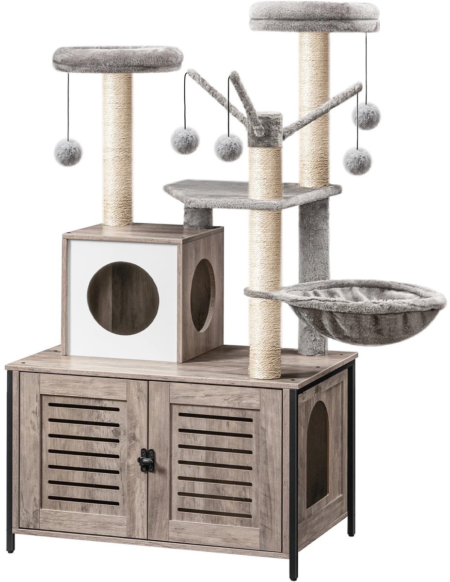 NordPaw® Kattenboom met Verborgen Kattenbak Kast – Luxe Krabpaal met Hangmat, Kattenhuis en Speelballetjes – 132 cm – Grijs Eiken