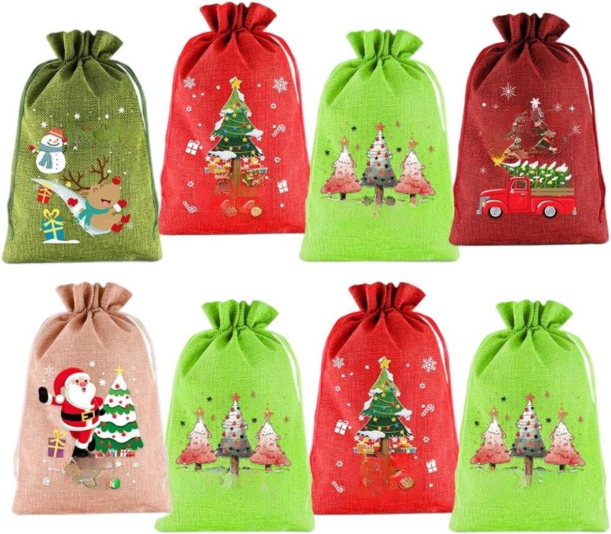 Jute Kerst Tas - Cadeauzakjes - Feestelijke Cadeaus - Trekkoordsluiting - 20x30cm 8 Stuks - Multicolor