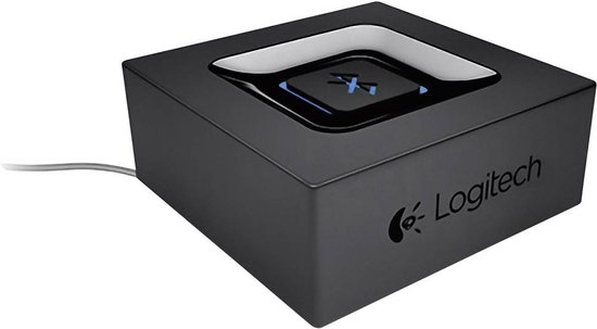 Zwarte vierkante adapter met blauw verlicht Bluetooth-logo en Logitech-logo aan de zijkant.
