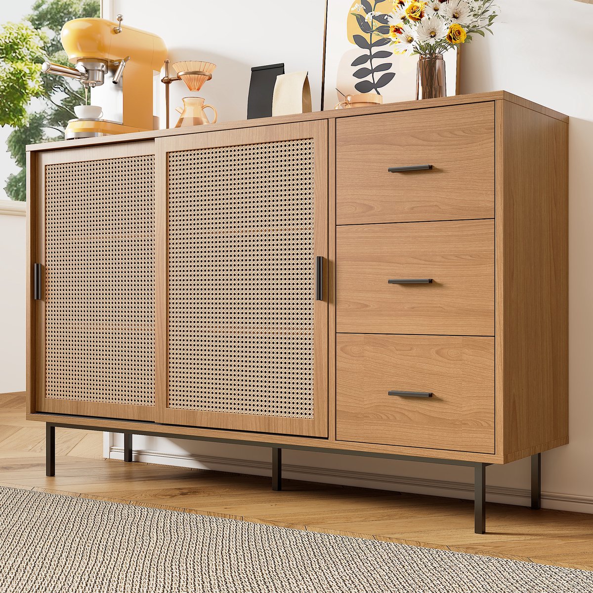 DESMIU Dressoir Met 2 Schuifdeuren En 3 Laden Met Verstelbare Planken Voor Woon En Eetkamer Van Spaanplaat Naturel 140x37x91 Cm Natuurlijk