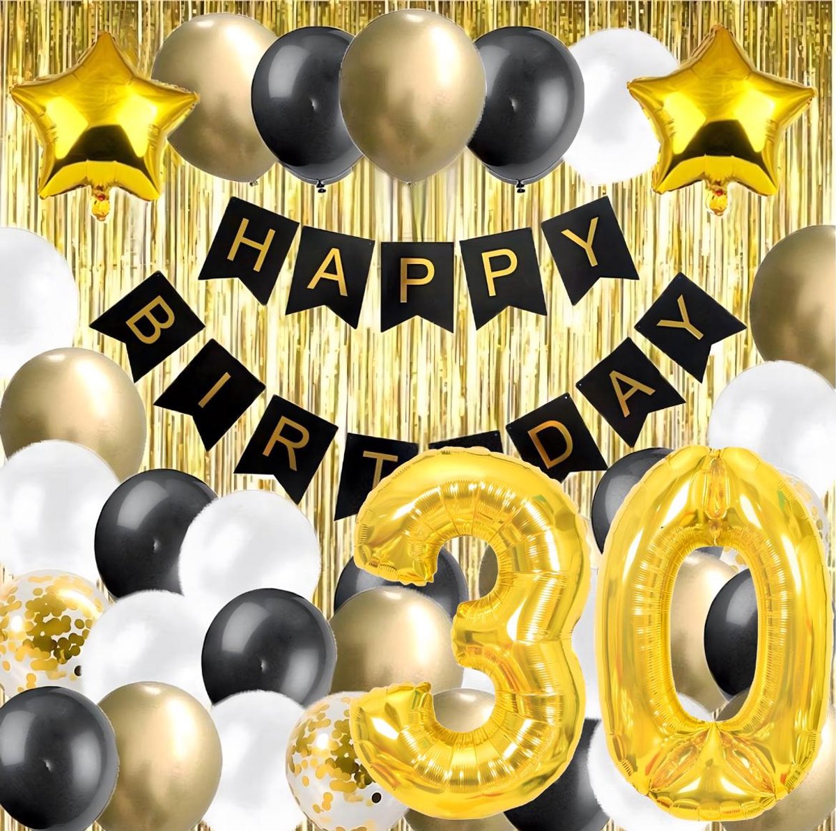 30 jaar verjaardag feest pakket | Versiering Ballonnen voor feest 30 jaar Set 57-delig| Dertig Jaar Versiering | Ballonnen slingers opblaasbare cijfers 30 Ballondecoratieset voor een 30e verjaardag, gordijn, zwart-goud