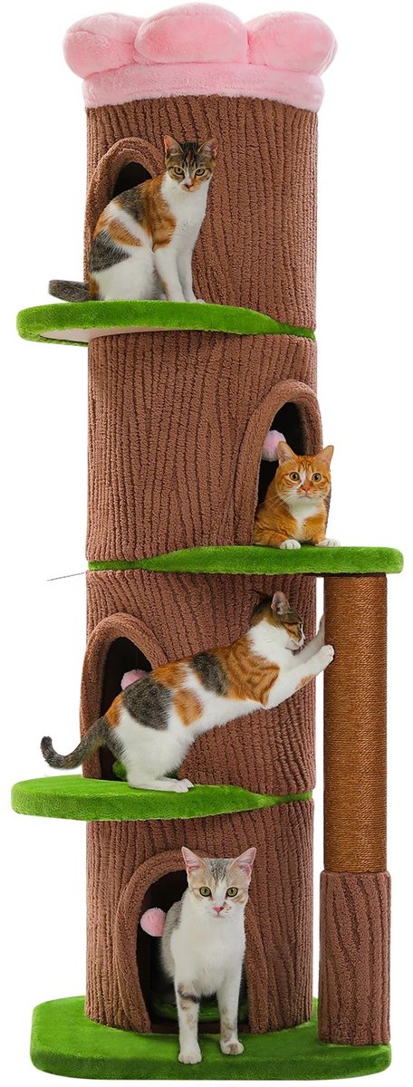 NordPaw® Luxe Boomstam Krabpaal XL – Kattenboom met 4 Kattenhuizen, Bloemvormig Ligbed, Extra Dikke Krabpaal, Speelplatforms & Klimtoren voor Grote Katten en Meerdere Katten – 173 cm – Bruin