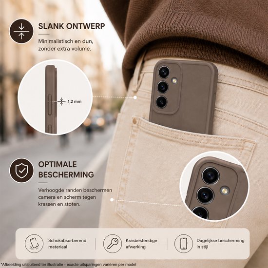 Bruin siliconen hoesje om een telefoon, dun en minimalistisch. Verhoogde randen voor camera en schermbescherming.