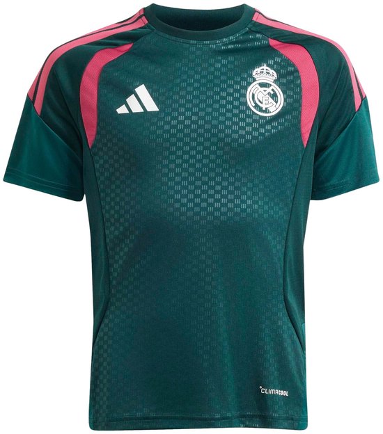 Donkergroen trainingsshirt met roze accenten op de schouders, clublogo en Adidas-logo.