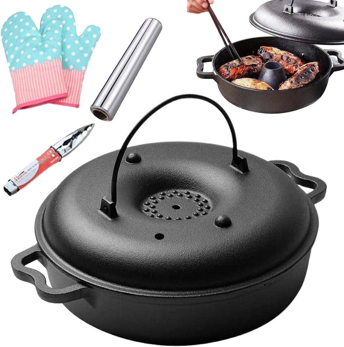 Gietijzeren Pan Braadpan met deksel Maaltijden Bereiden Gelijkmatige Warmteverdeling 30.9 x 30.9 cm Zwart