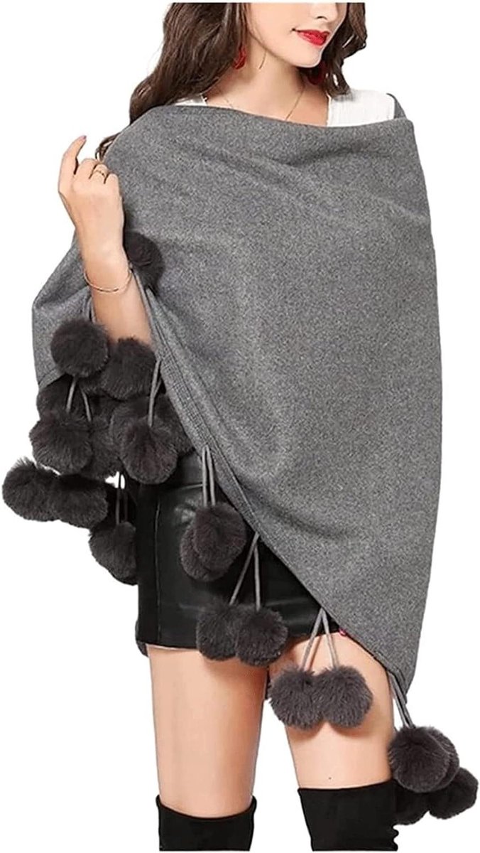 Wollen Sjaal Dames - Omslagdoek Gebreid - Warm Blijven - Met Pluche Kwastje - 165cm Lang - Grijs