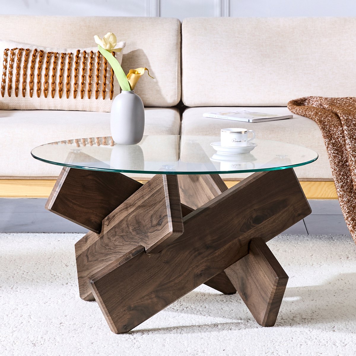 DESMIU Ronde Salontafel Met Glazen Blad En Walnoothout Print - Modern Voor Woonkamer En Leeshoek - MDF En Glas - 79 Cm - Transparant En Walnoot Notenhout