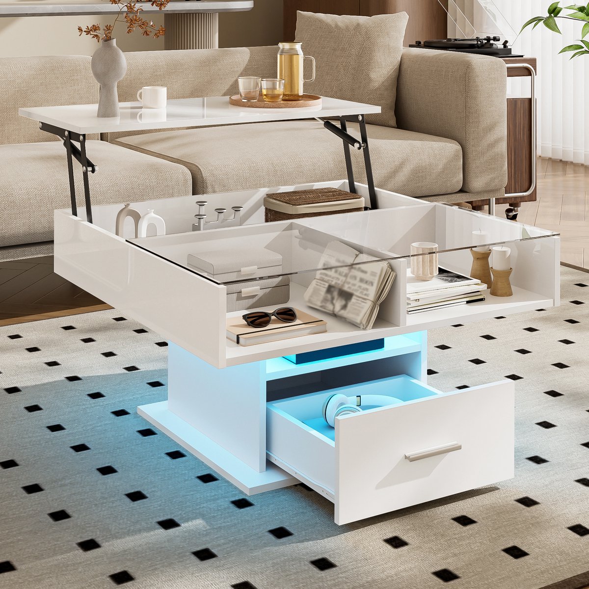 DESMIU Salontafel - Hoogglans Liftmodel Met Ledverlichting En Opbergruimte - Voor Woonkamer En Kleine Ruimtes - Spaanplaat - Wit - 78x78 Cm
