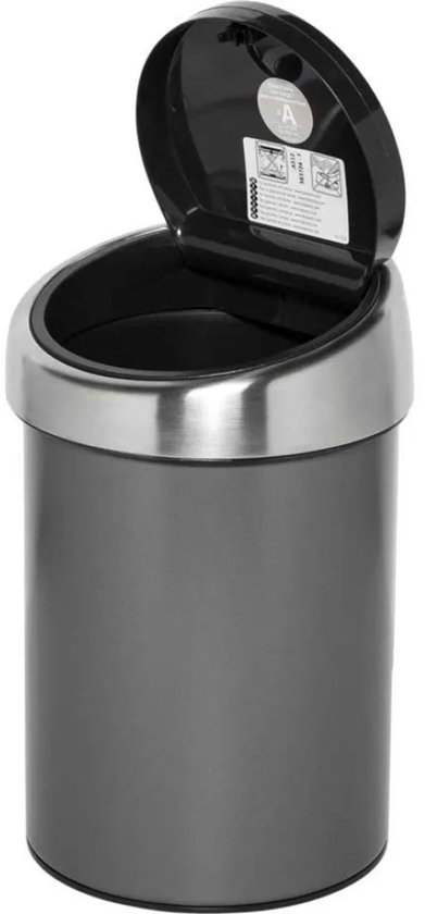 Open donkergrijze Brabantia prullenbak met zilverkleurig 'touch' deksel en rand.