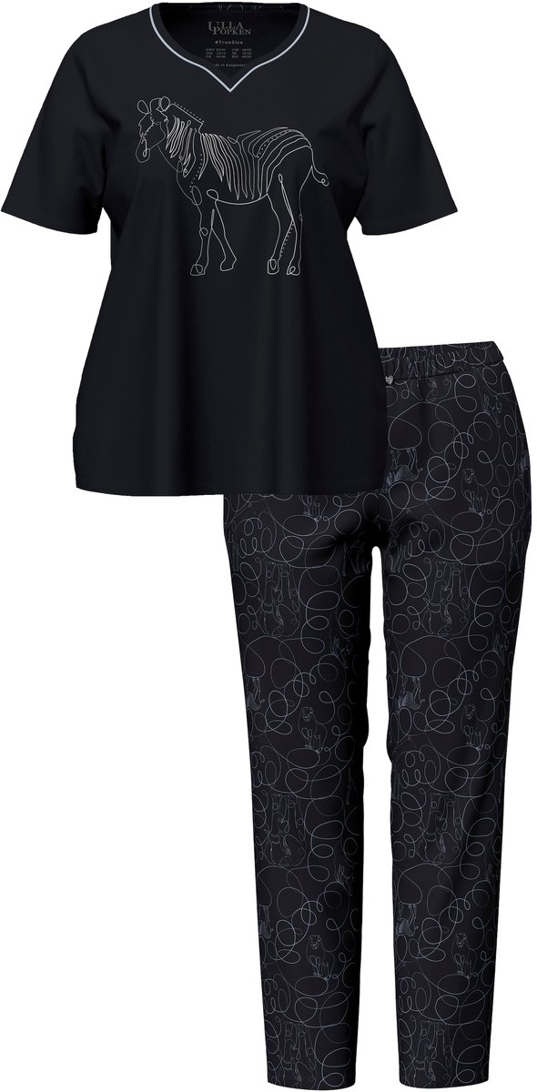 Ulla Popken Dames - Pyjama zebra hartvormige hals korte mouw - Zwart - Maat 42+