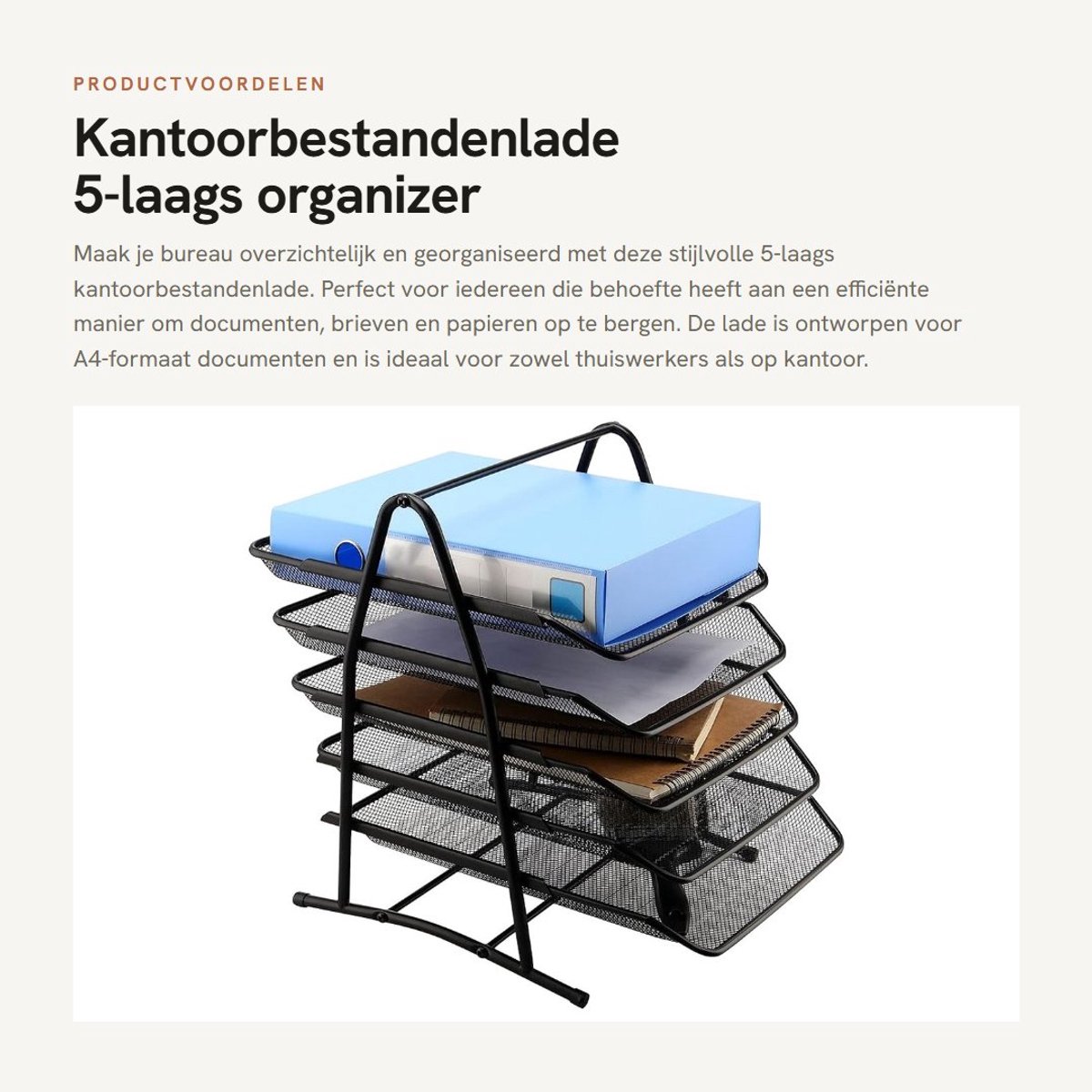 Dailygoods- Bestandenlade 5-laags - Documenthouder A4 - Bureauorganizer - Schuifbare opslag - Zwart gaas - 38 x 30 x 28 cm