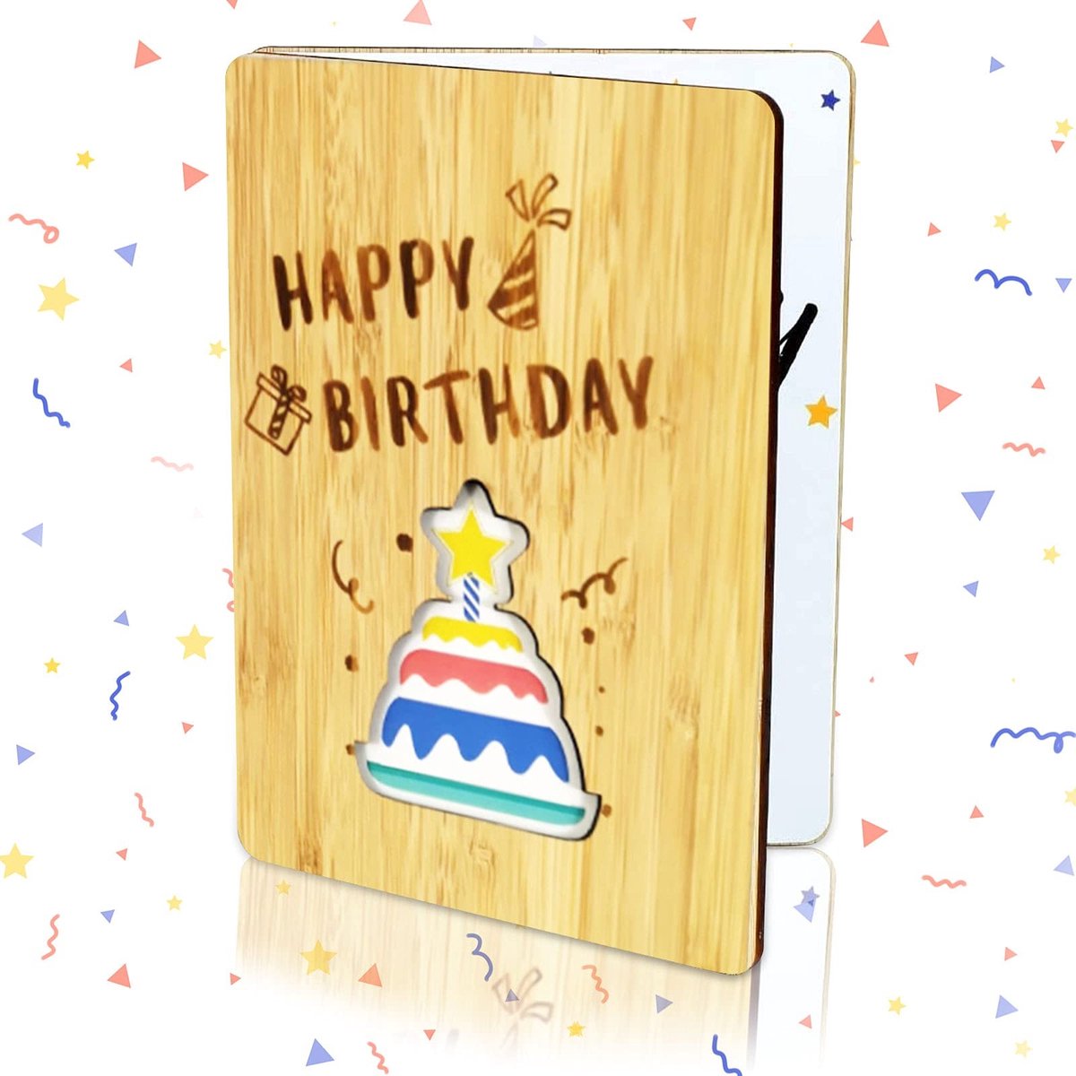 Dailygoods- Verjaardagskaart handgemaakt - Bamboekaart - Wenskaart met envelop - Taart motief - Herbruikbaar - 15 cm x 11 cm