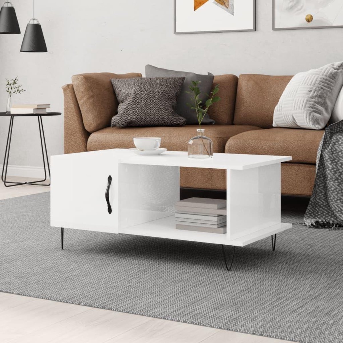 Salontafel - Bijzettafel - Woonkamer Inrichten - Verborgen Opbergruimte - 90 x 50 cm - Hoogglans Wit