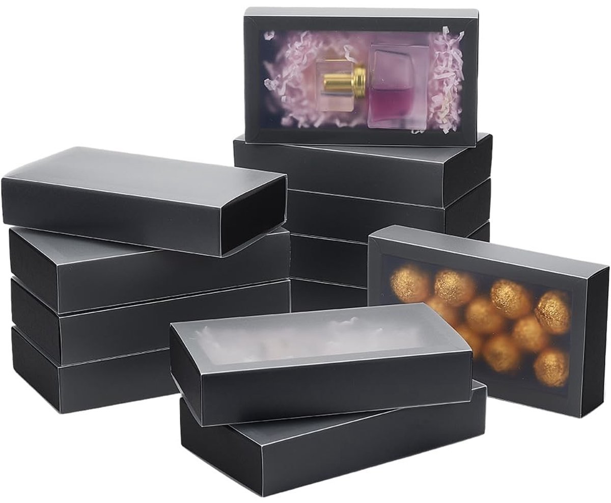Dailygoods- Geschenkdozen 12 stuks - Zwart/Bruin - PVC Venster - Verpakkingsmateriaal - Feestverpakking - 16,2 x 9,2 x 3,2 cm - Duurzaam Papier - Verpakkingsdozen