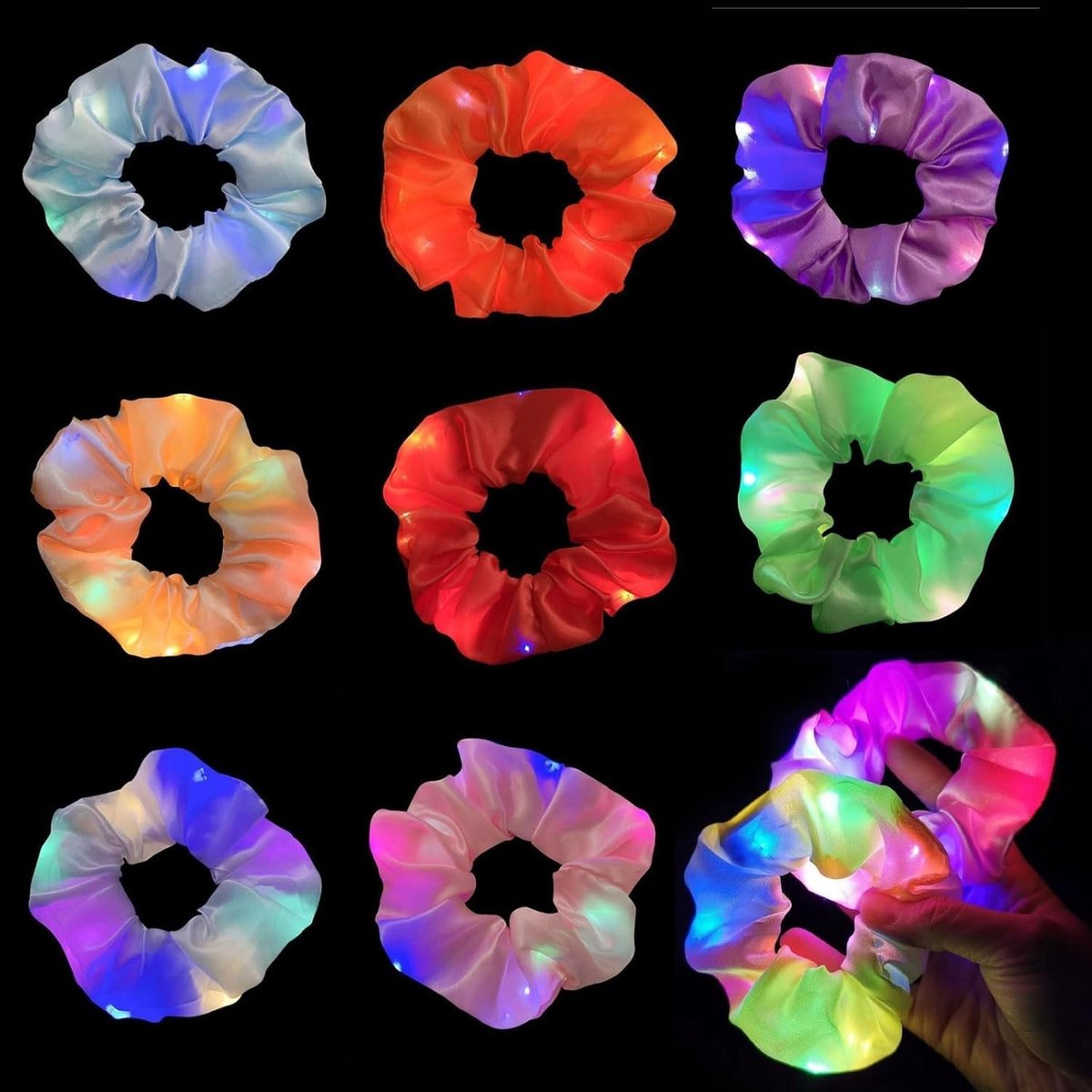 Dailygoods- Haarelastieken 8 Stuks - Lichtgevende Scrunchies - Satijnen Haaraccessoires - 3 Lichtstanden - Voor Dames/Meisjes - Perfect voor Feestjes