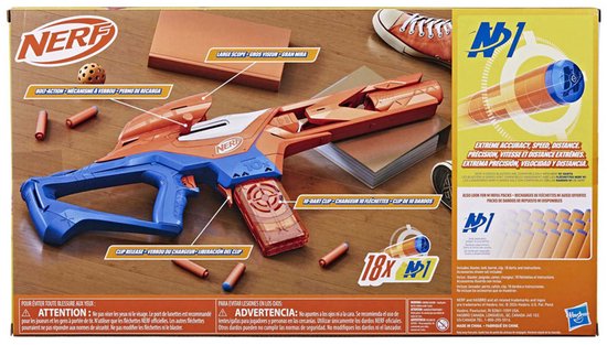 Oranje en blauwe Nerf N-Series Pinpoint blaster met grote scope en 18 darts.
