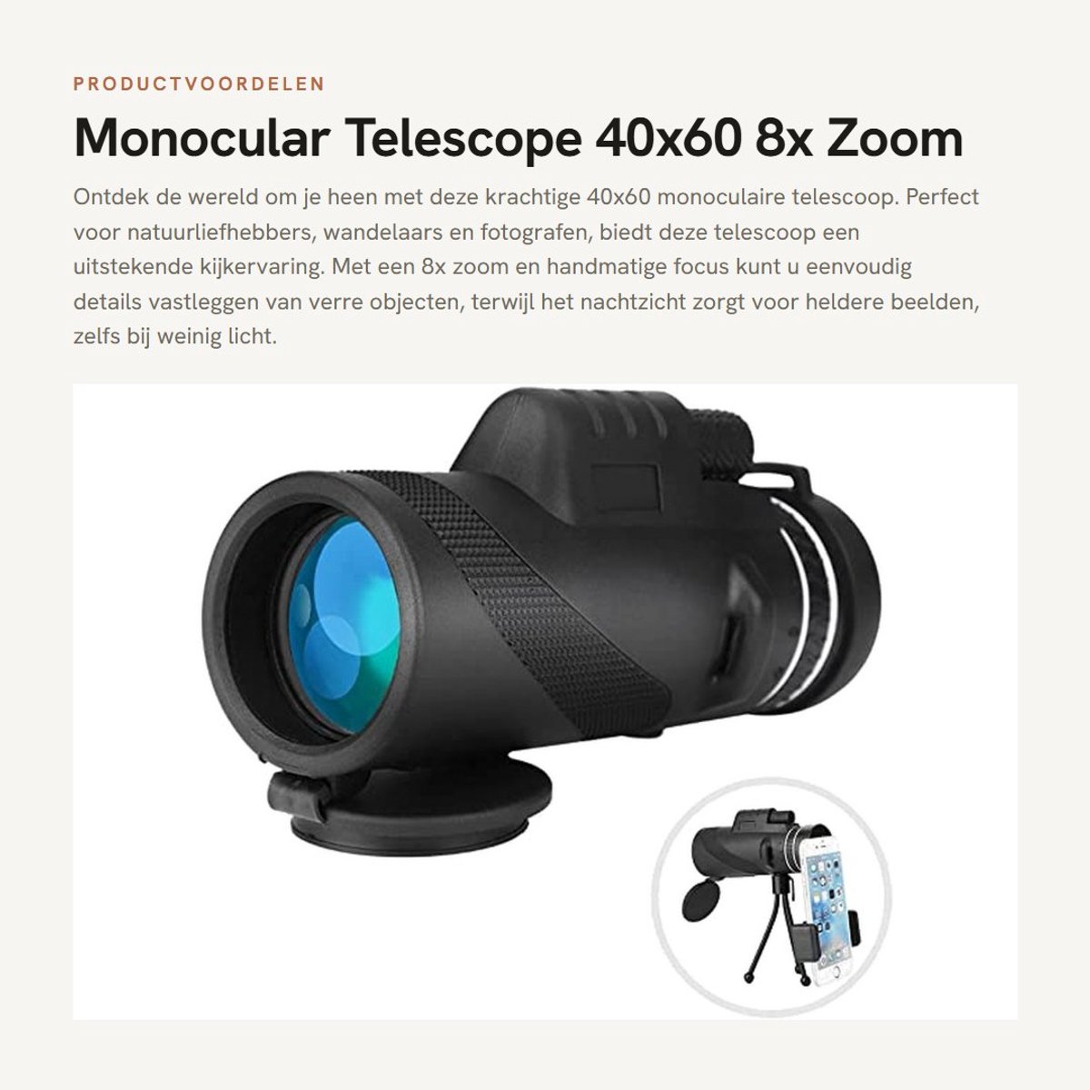 Dailygoods- Monoculaire Telescoop 40x60 - Handmatige Scherpstelling - 8x Zoom - Nachtzicht - Brede Kijkhoek - Mini-statief - Verrekijker