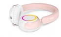 Roze en witte Philips koptelefoon, close-up van de oorschelp met verlichting en knoppen.