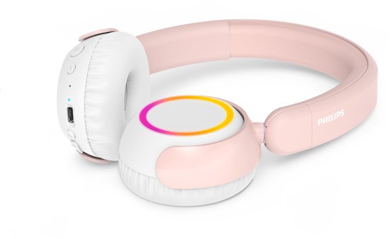 Roze en witte Philips koptelefoon, close-up van de oorschelp met verlichting en knoppen.