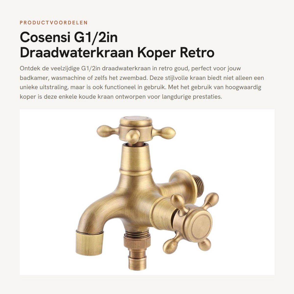 Dailygoods - G1/2in Draadwaterkraan - Koper - Retro Goud - Douchekraan - Geschikt voor Badkamer en Tuin - Koud Water Kraan