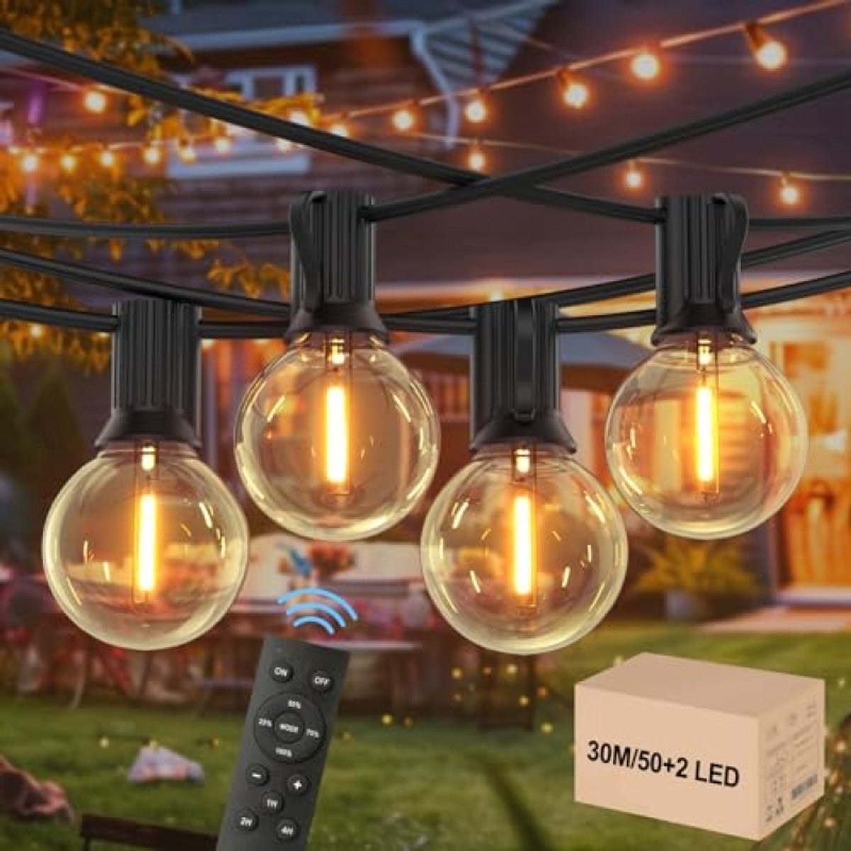 ModernStore Buiten Lichtsnoer 30M - G40 Bollenlampen 50+2 LED - Dimbare Lichtketting met Afstandsbediening - IP45 Waterdicht - Verlengbaar tot 300M - Warmwit - Geschikt voor Buitenfeesten en Decoratie