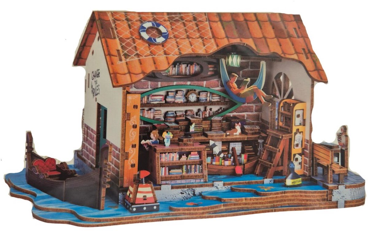 Beehub, Floating Bookstore - Miniatuurhuisje - Modelbouw - Modelbouwpakket - 3D Houten Puzzel - DIY Bouwpakket Volwassenen - Constructiespeelgoed - 22,5 x 14,3 x 12,3 cm