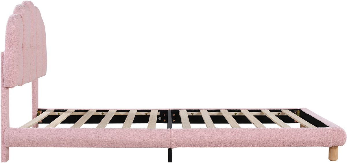 Eenpersoonsbed van 90x200 cm, kinderbed, tienerbed, gestoffeerd bed, lattenbodem, imitatiewolstof, roze.