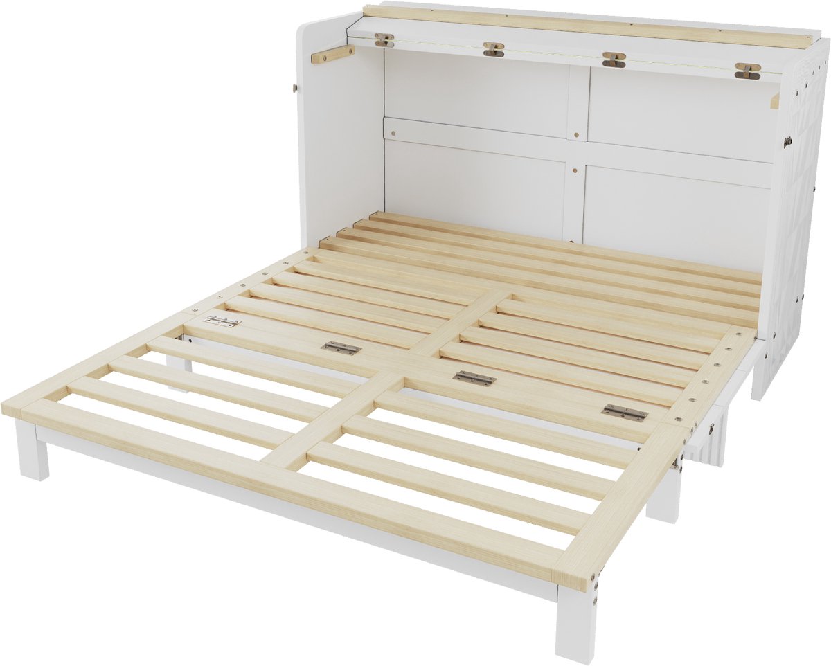 COVREO Opklapbed met USB en LED-verlichting – 140x200 cm – Bedkast van MDF en multiplex – met lades en extra opbergruimte – Wit - zonder matras