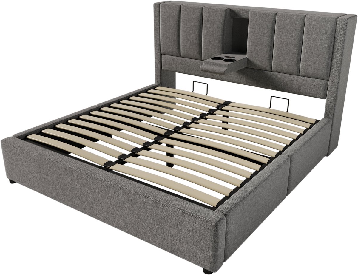 COVREO Bed 180x200 cm grijs met opbergruimte en USB, zonder matras