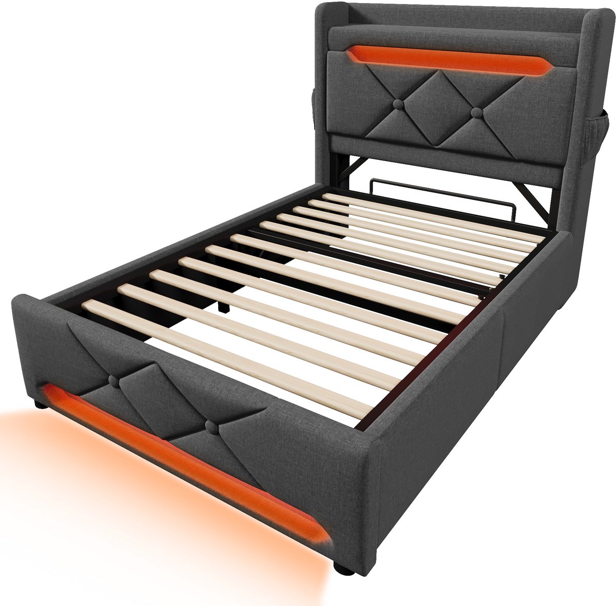 COVREO Bedframe 90x200 cm grijs, met LED en opbergruimte, met matras Gray