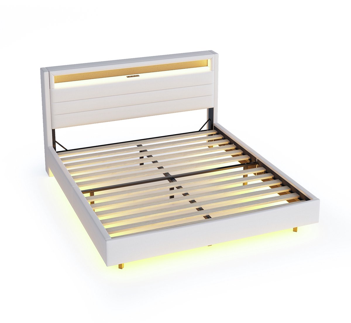 COVREO Bedframe 140x200 cm beige stof met USB en LED zonder matras