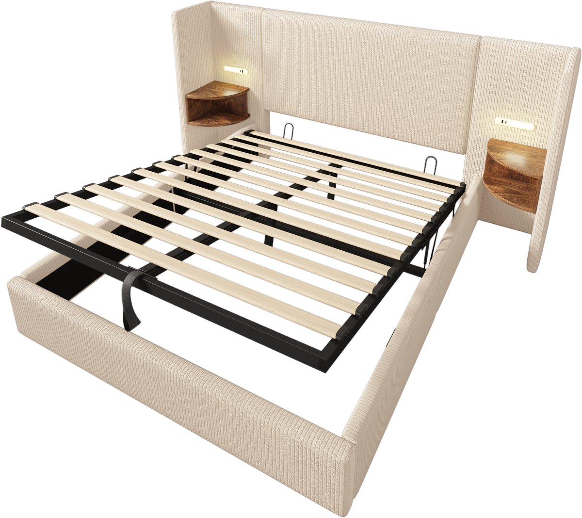 COVREO Tweepersoons bed 160x200 cm - met opbergruimte, leeslamp, USB en Type-C, beige-wit
