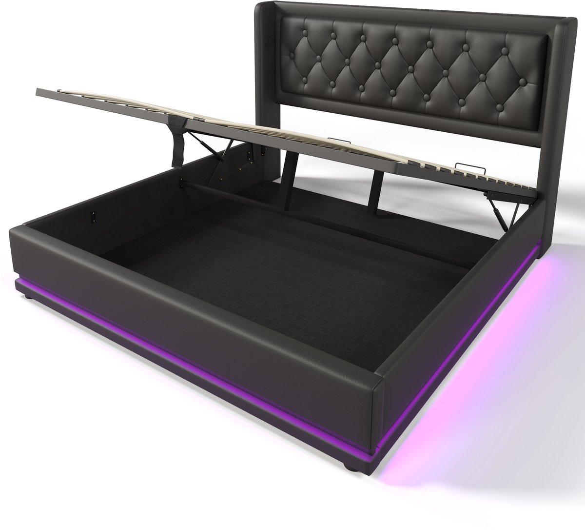 COVREO Opbergbed met hydraulische lift – 160x200 cm – Tweepersoonsbed met USB-C en LED – 170x210x101 cm – Zwart - zonder matras